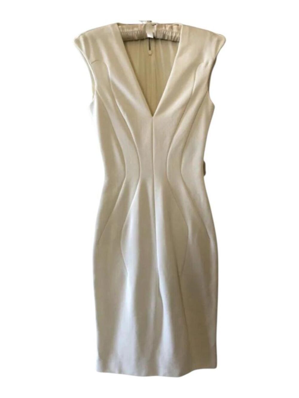 Tom Ford Ivory Bodycon Sheath Dress with Deep V Neckline and Cap Sleeves, Size 2